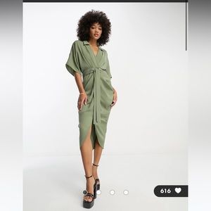 ASOS DESIGN tie waist drop shoulder midi dress with ruched skirt in khaki.